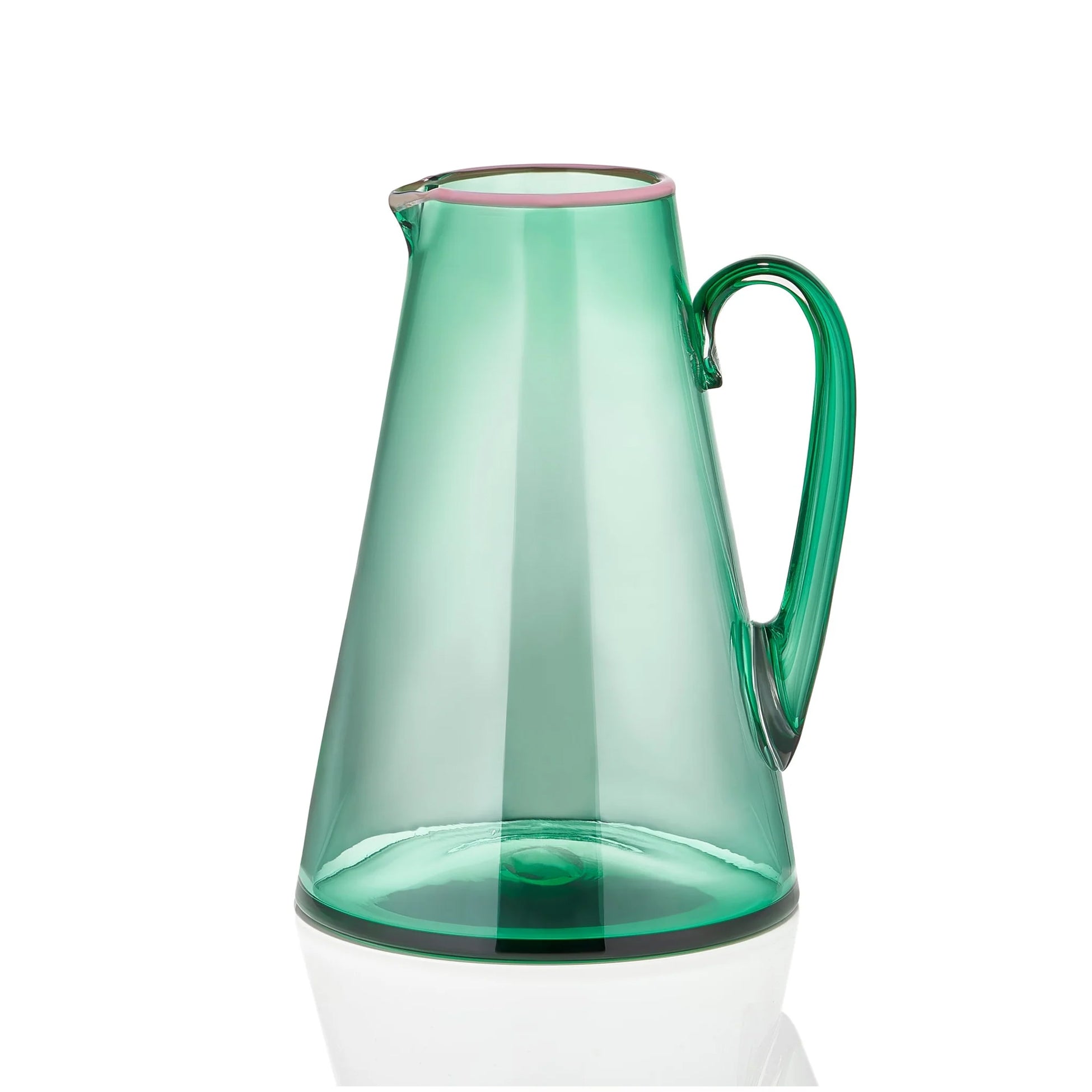 Handblown Glass Bumba Jug in Emerald Green with Pink Rim, 3lt