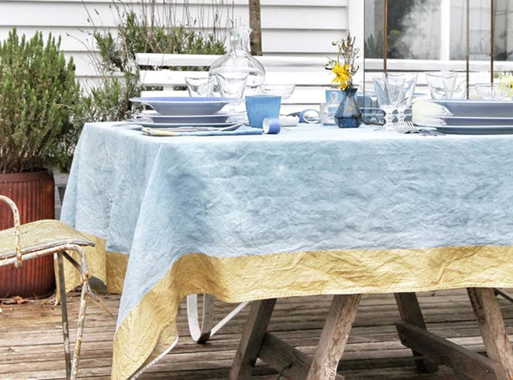 Gold Edge Linen Tablecloth in Pale Blue