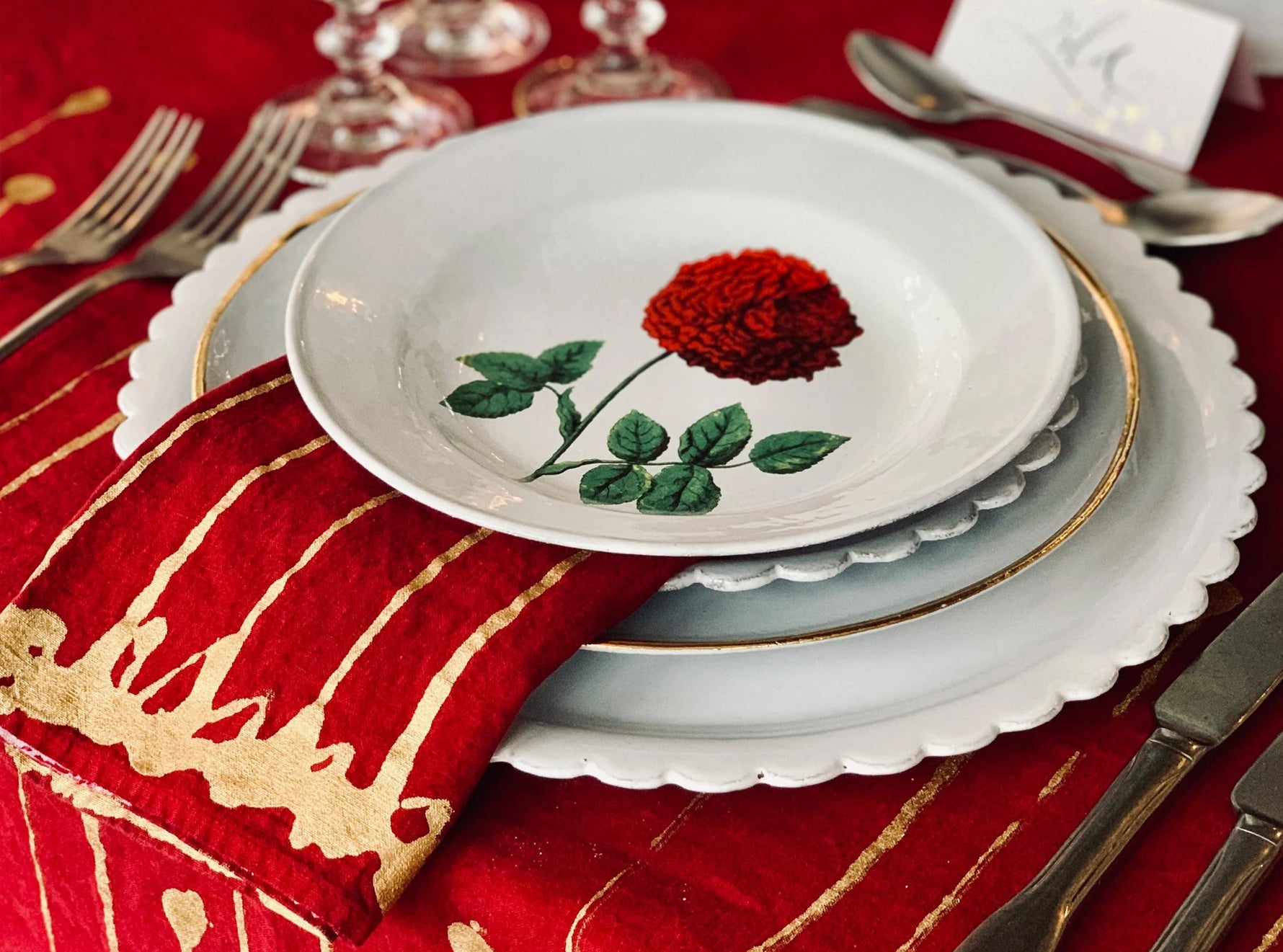 Ink Linen Tablecloth in Claret Red with Gold Drips