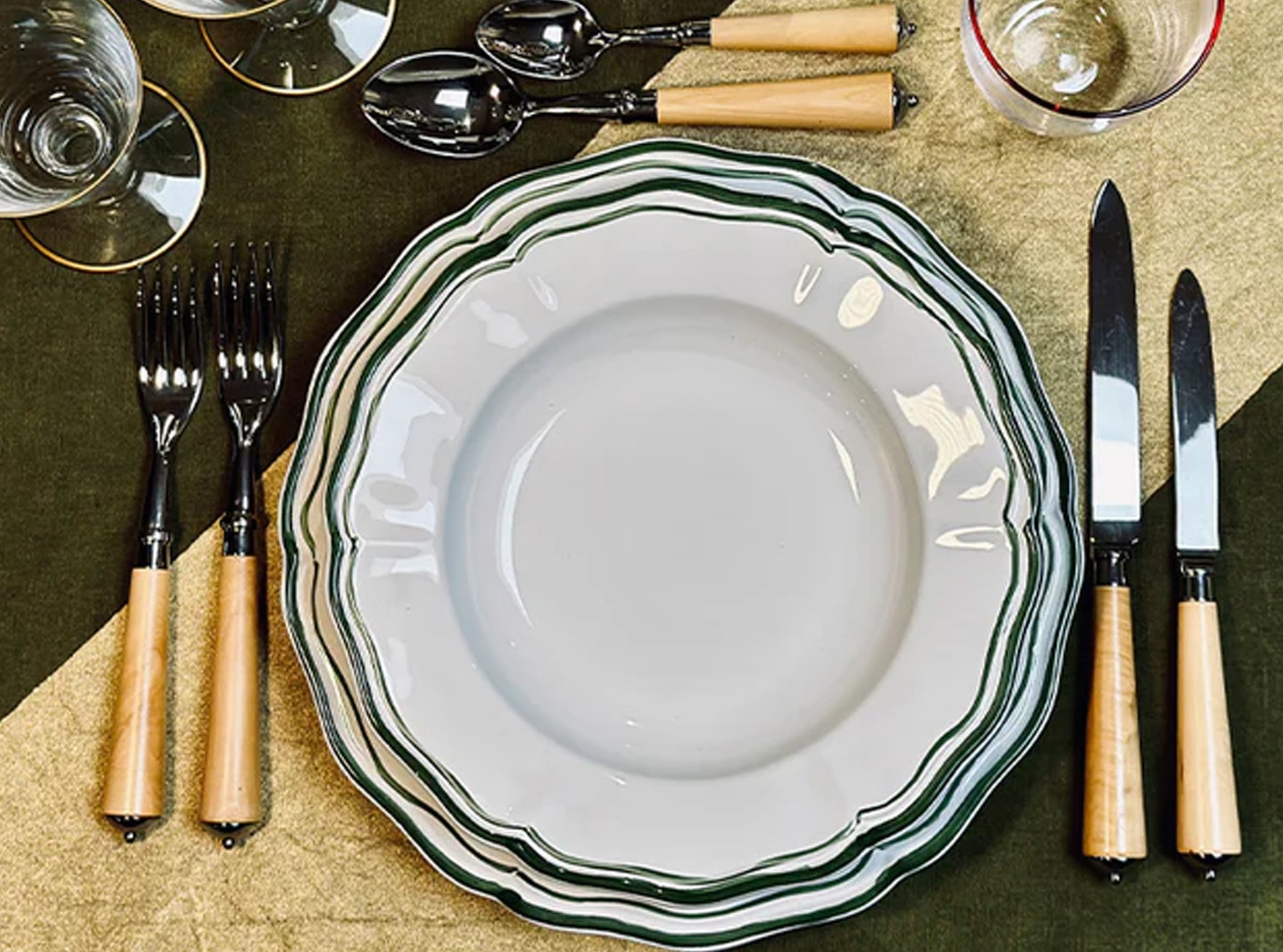 Stripe Linen Tablecloth in Gold and Avocado Green