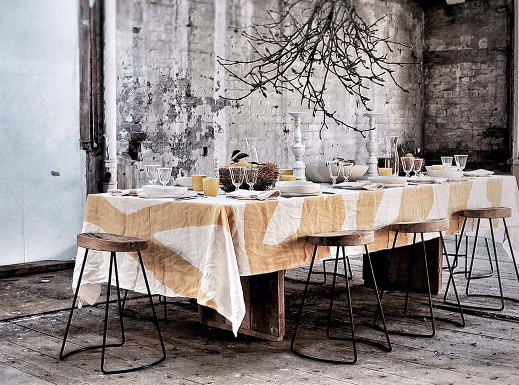 Happy Word Linen Tablecloth in Lemon Yellow