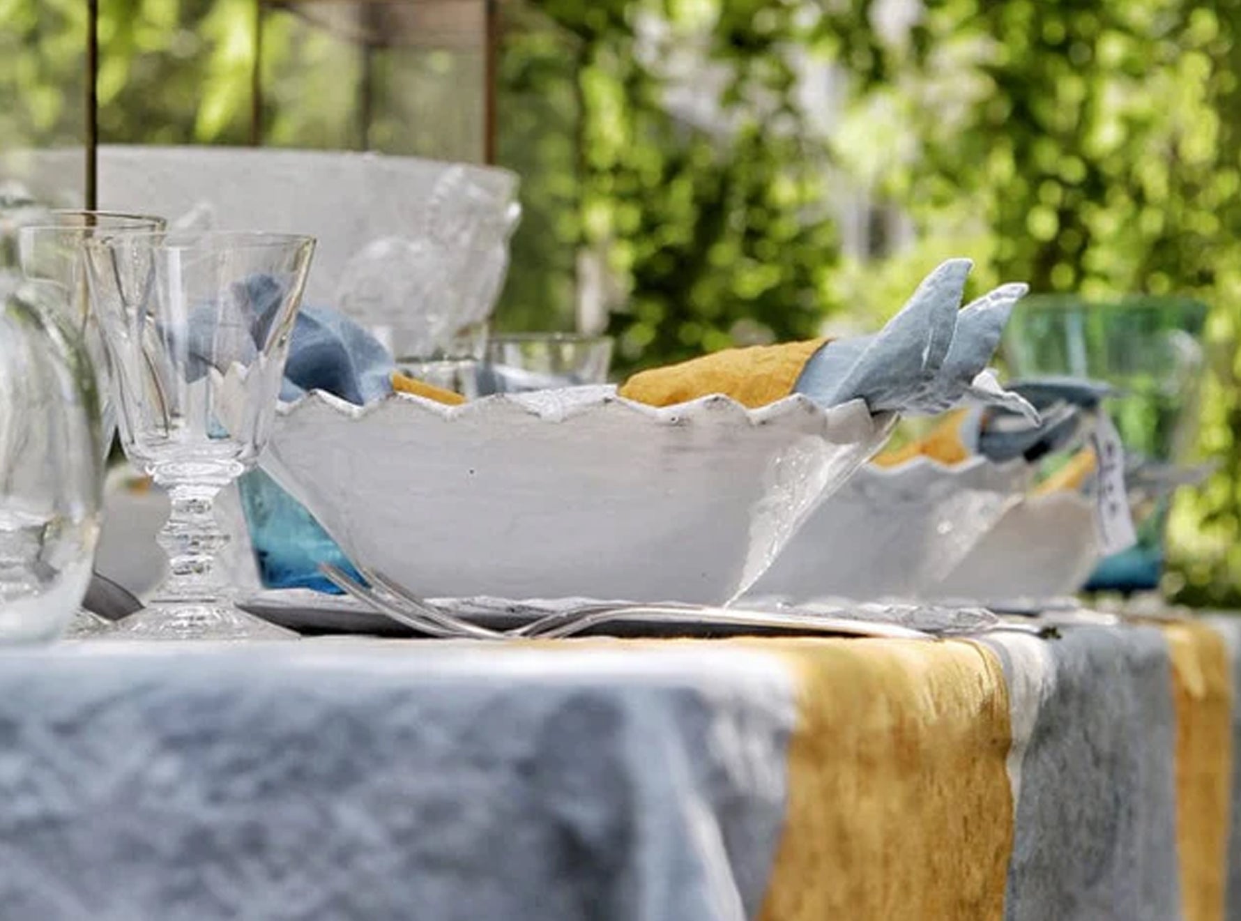 Cubism Linen Tablecloth in Blue and Yellow