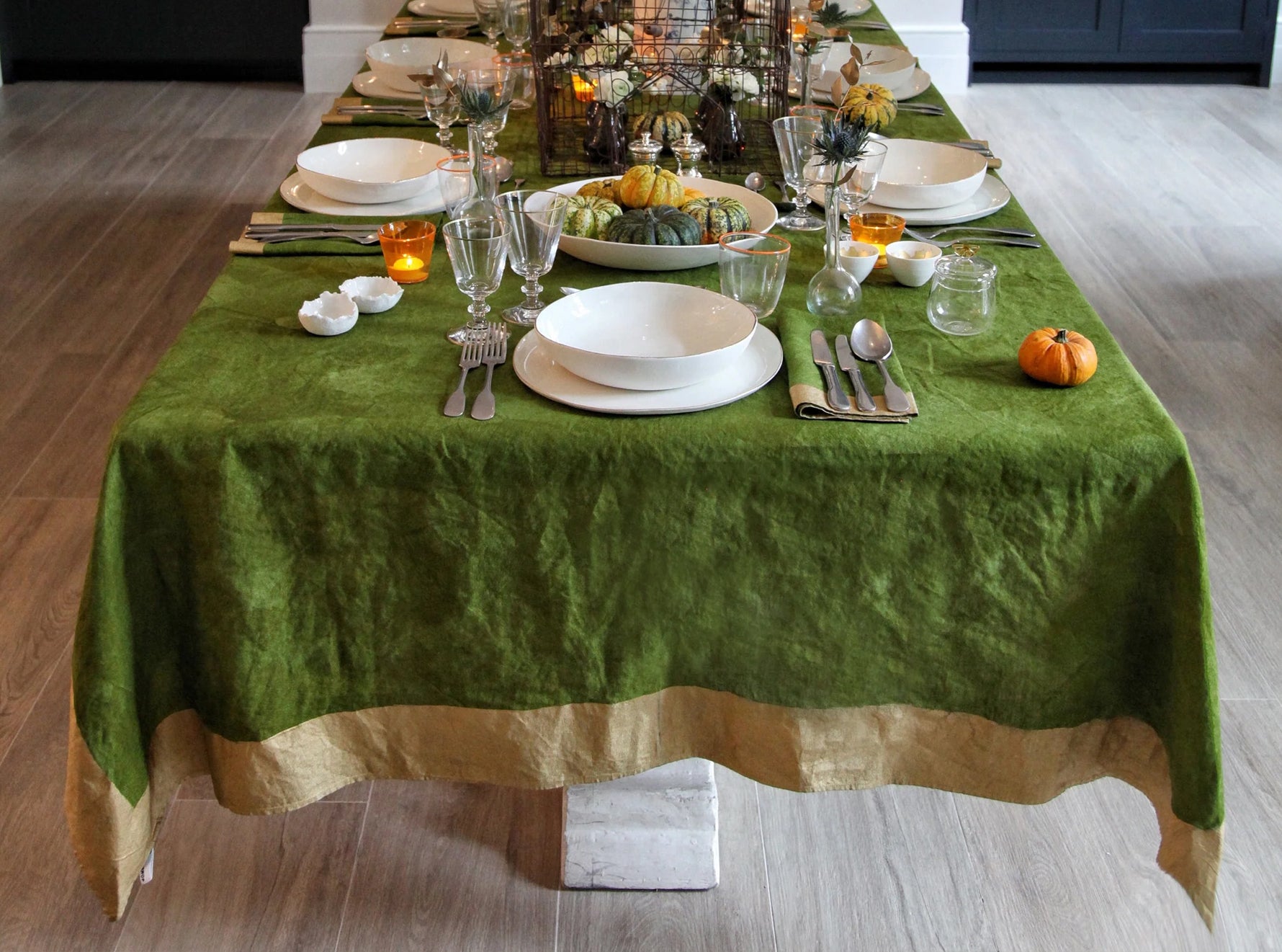 Gold Edge Linen Tablecloth in Avocado Green