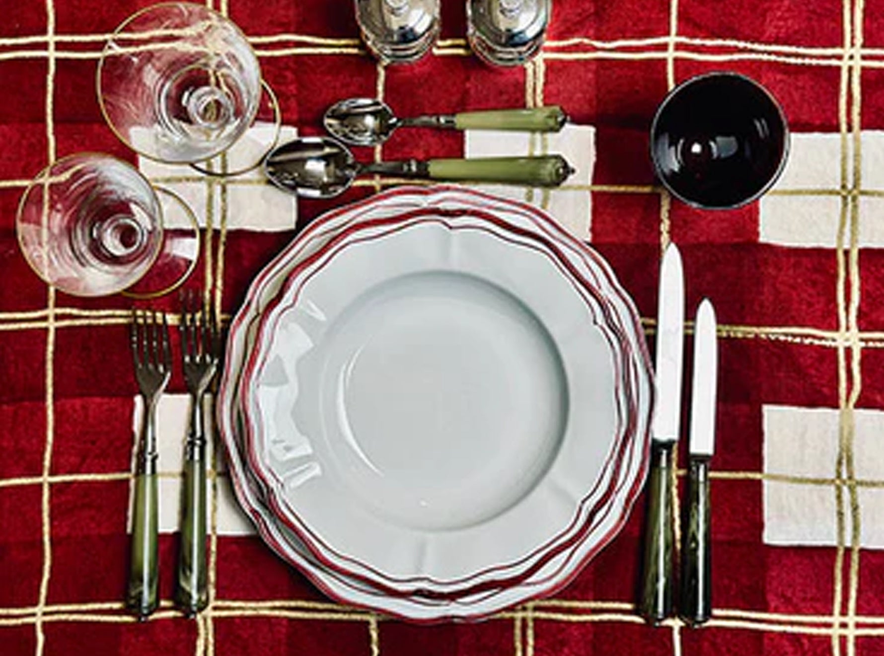 Tartan Linen Tablecloth in Gold and Claret Red