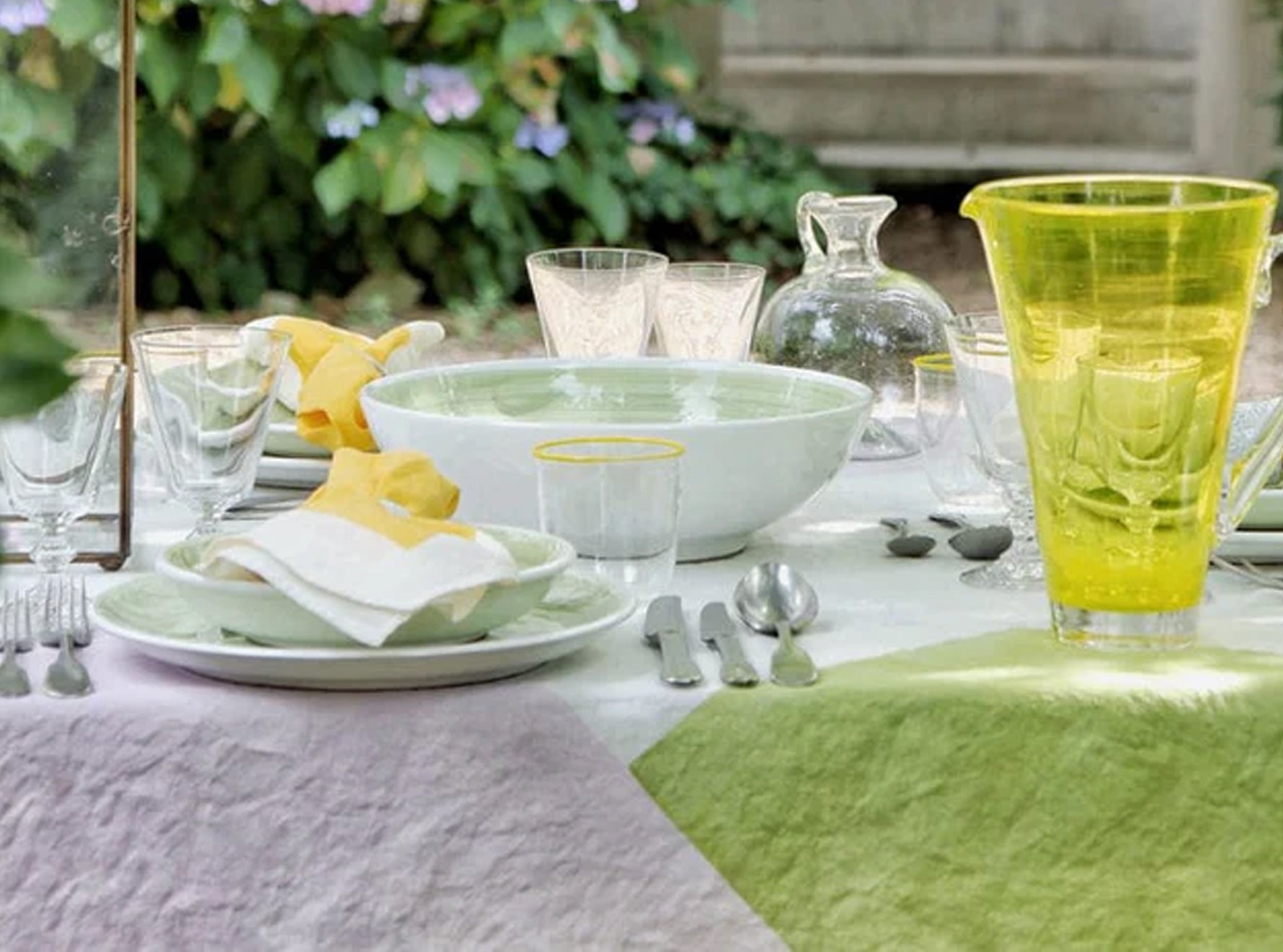 Cubism Linen Tablecloth in Pink, Green and Yellow