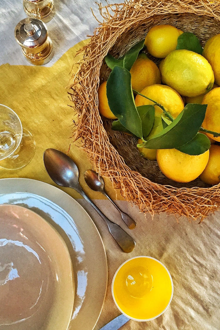 Happy Word Linen Tablecloth in Lemon Yellow