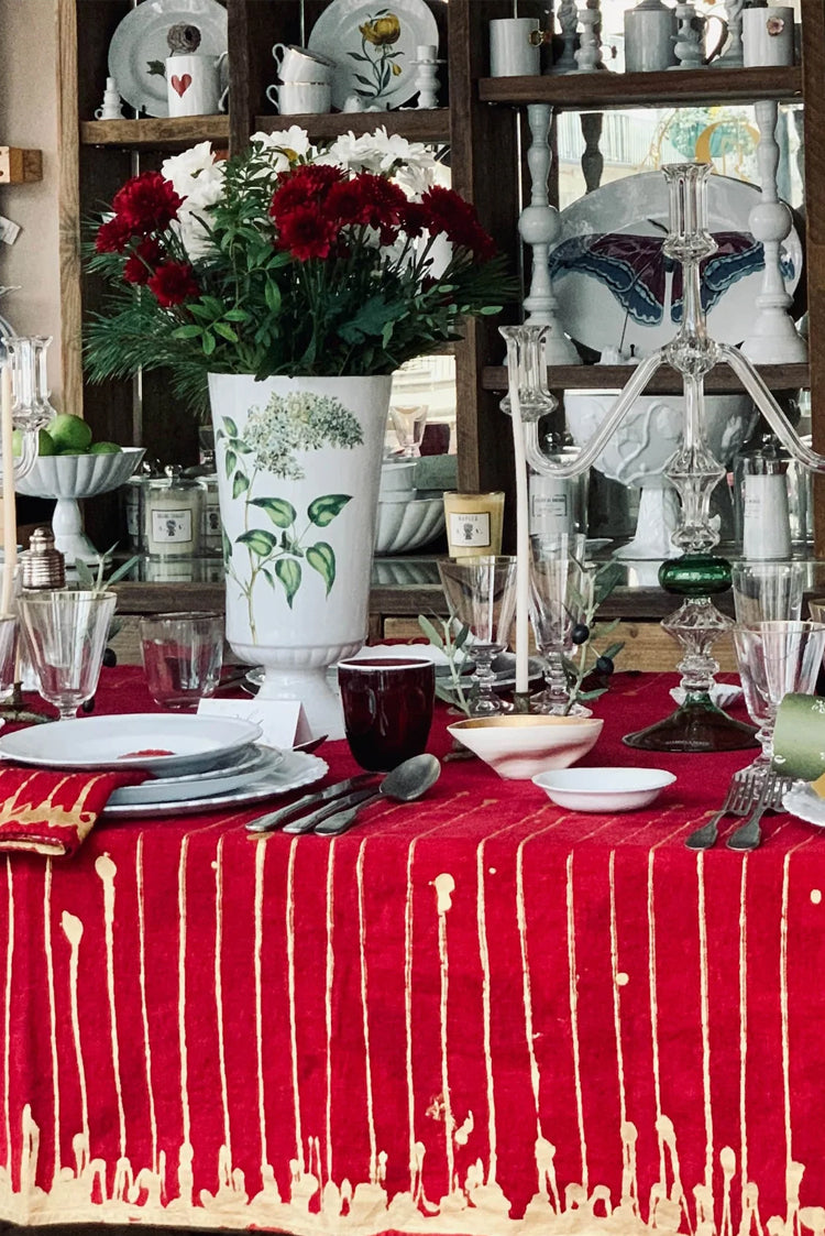 Ink Linen Tablecloth in Claret Red with Gold Drips