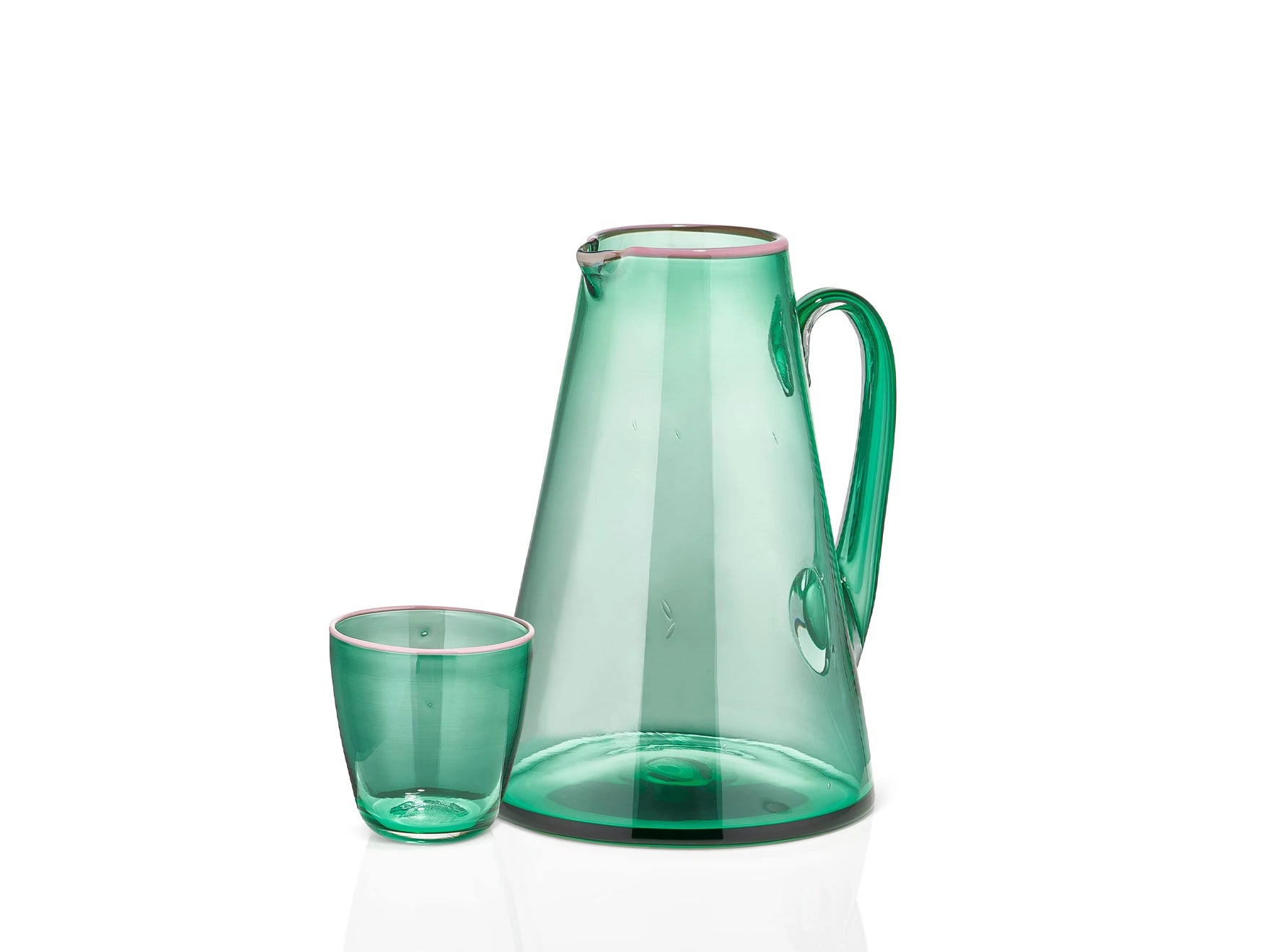 Handblown Glass Bumba Jug in Emerald Green with Pink Rim, 3lt