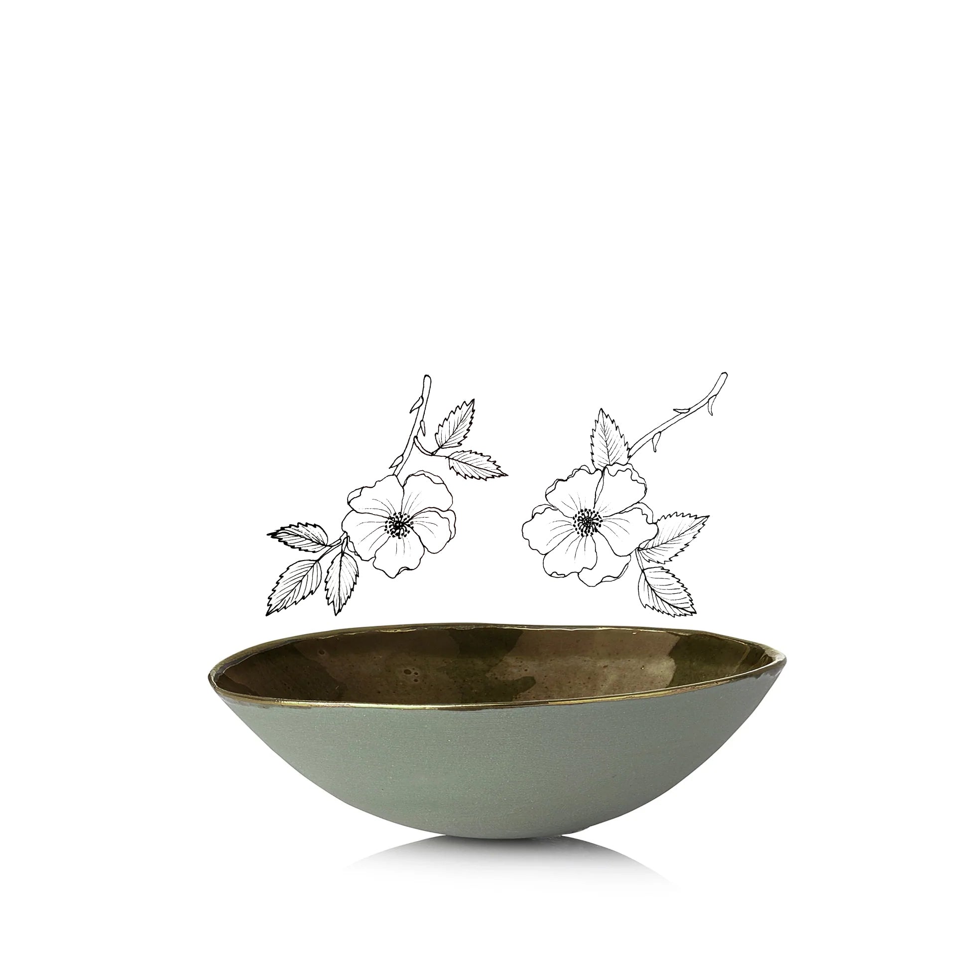 Olive Green Ceramic Bowl with Gold Rim, 16cm