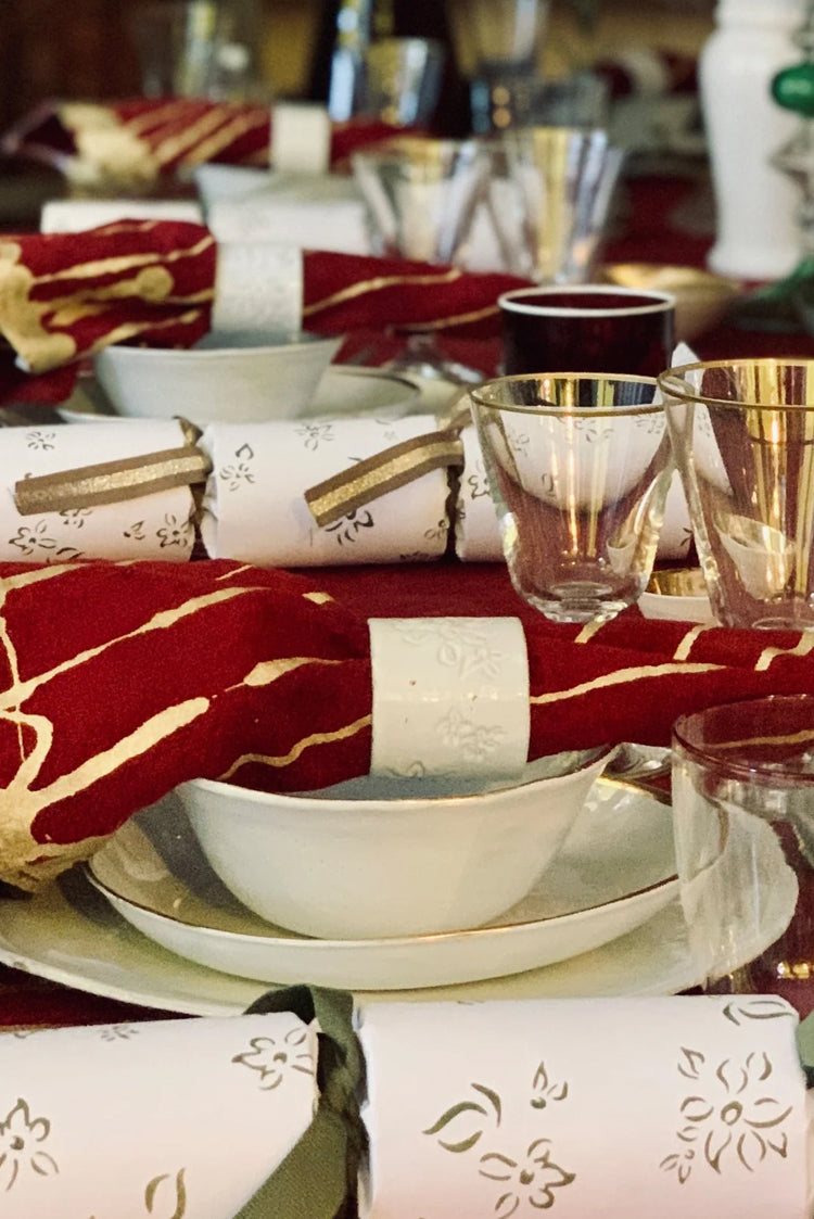 Ink Linen Tablecloth in Claret Red with Gold Drips