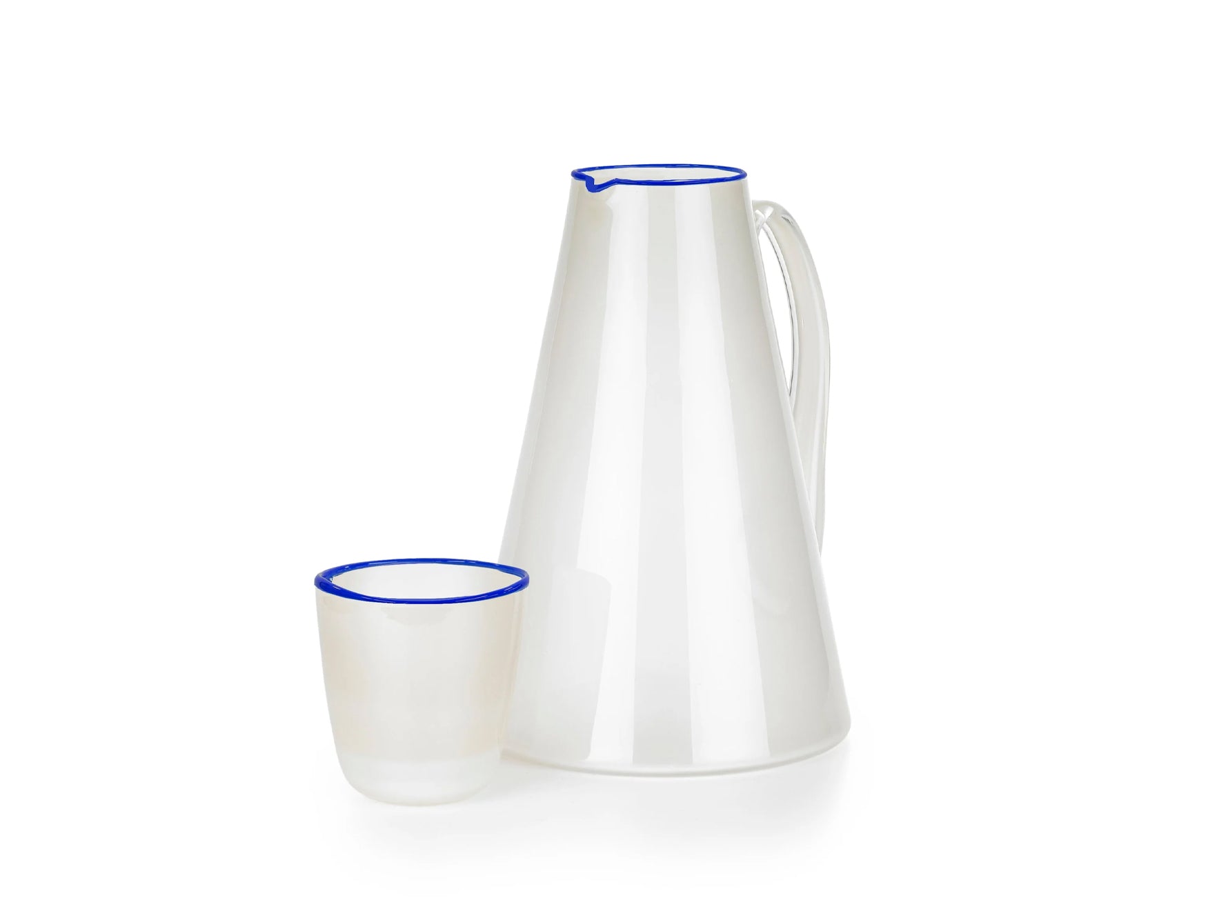 Handblown Glass Bumba Jug in White with Royal Blue Rim and Handle, 3lt