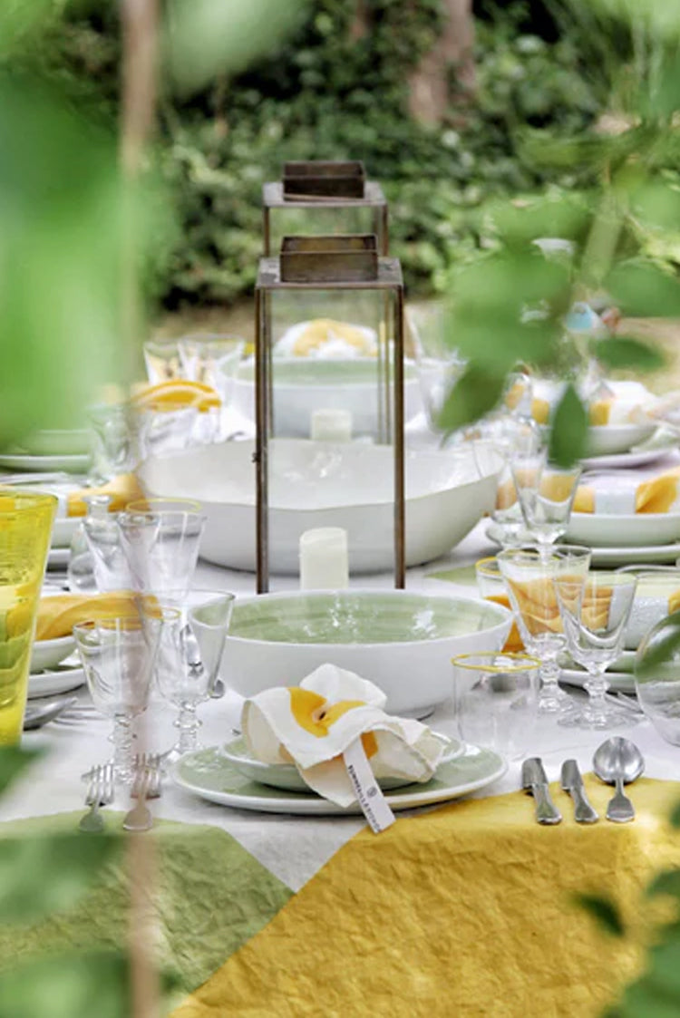 Cubism Linen Tablecloth in Pink, Green and Yellow