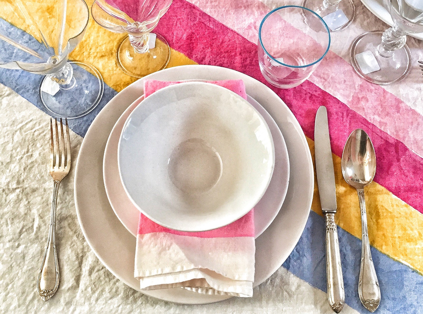 Bolt Linen Tablecloth in Pink and Yellow