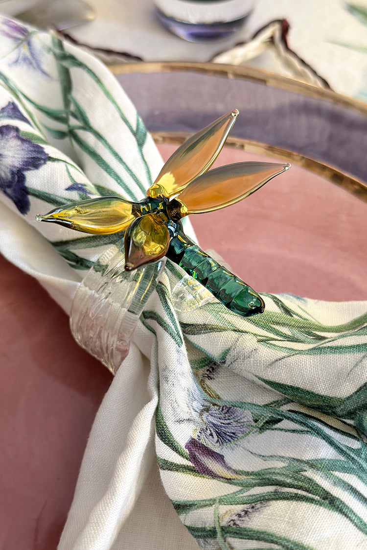 S&B Exclusive Handblown Glass Dragonfly Napkin Ring in Green & Yellow