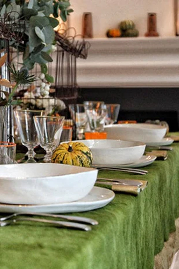 Gold Edge Linen Tablecloth in Avocado Green