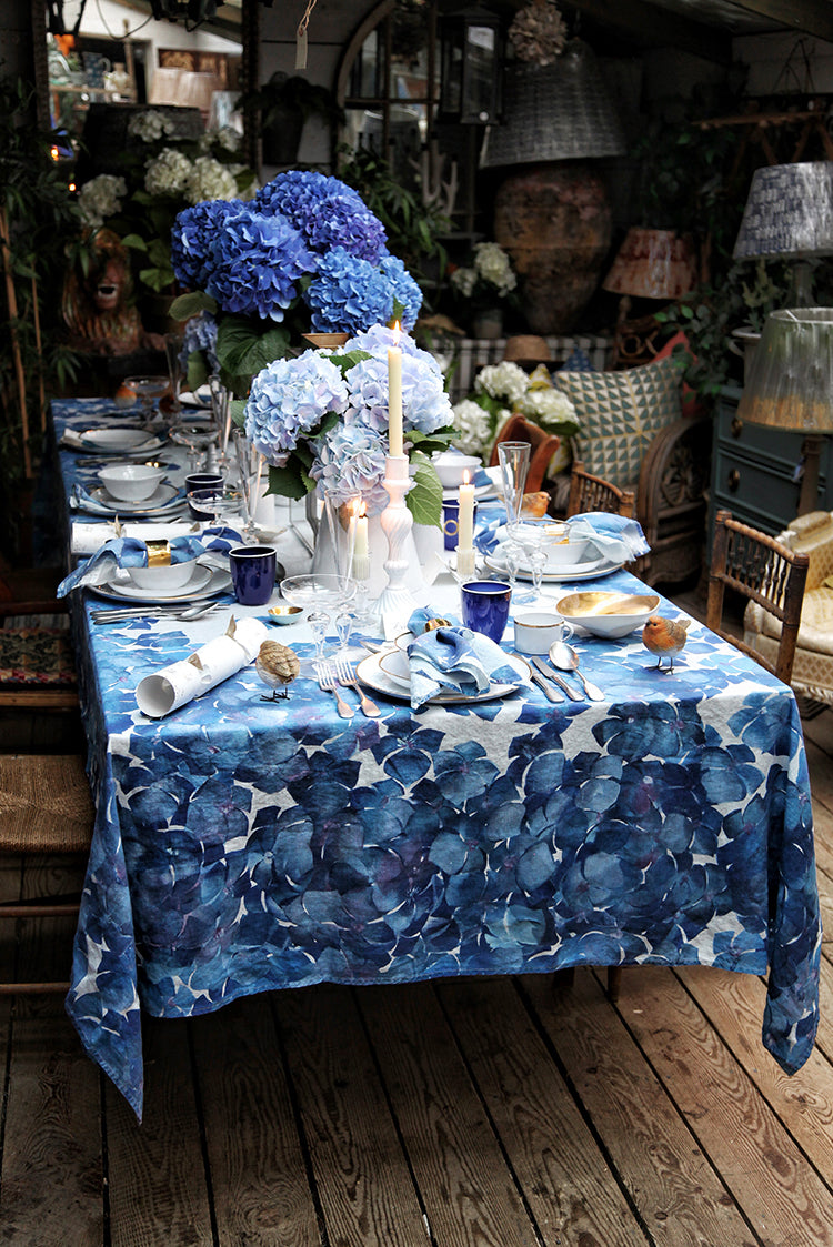 Hydrangea Linen Tablecloth in Blue