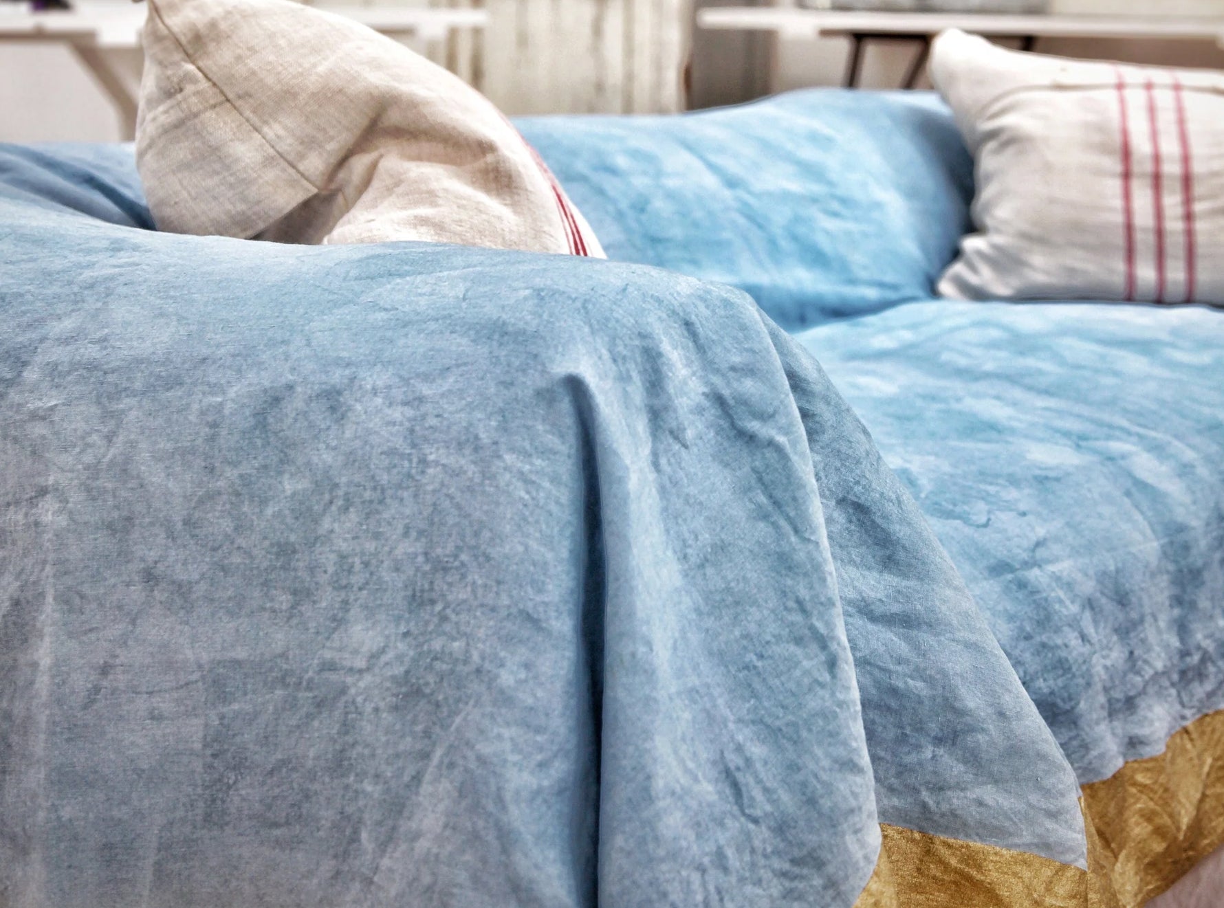 Gold Edge Linen Tablecloth in Pale Blue