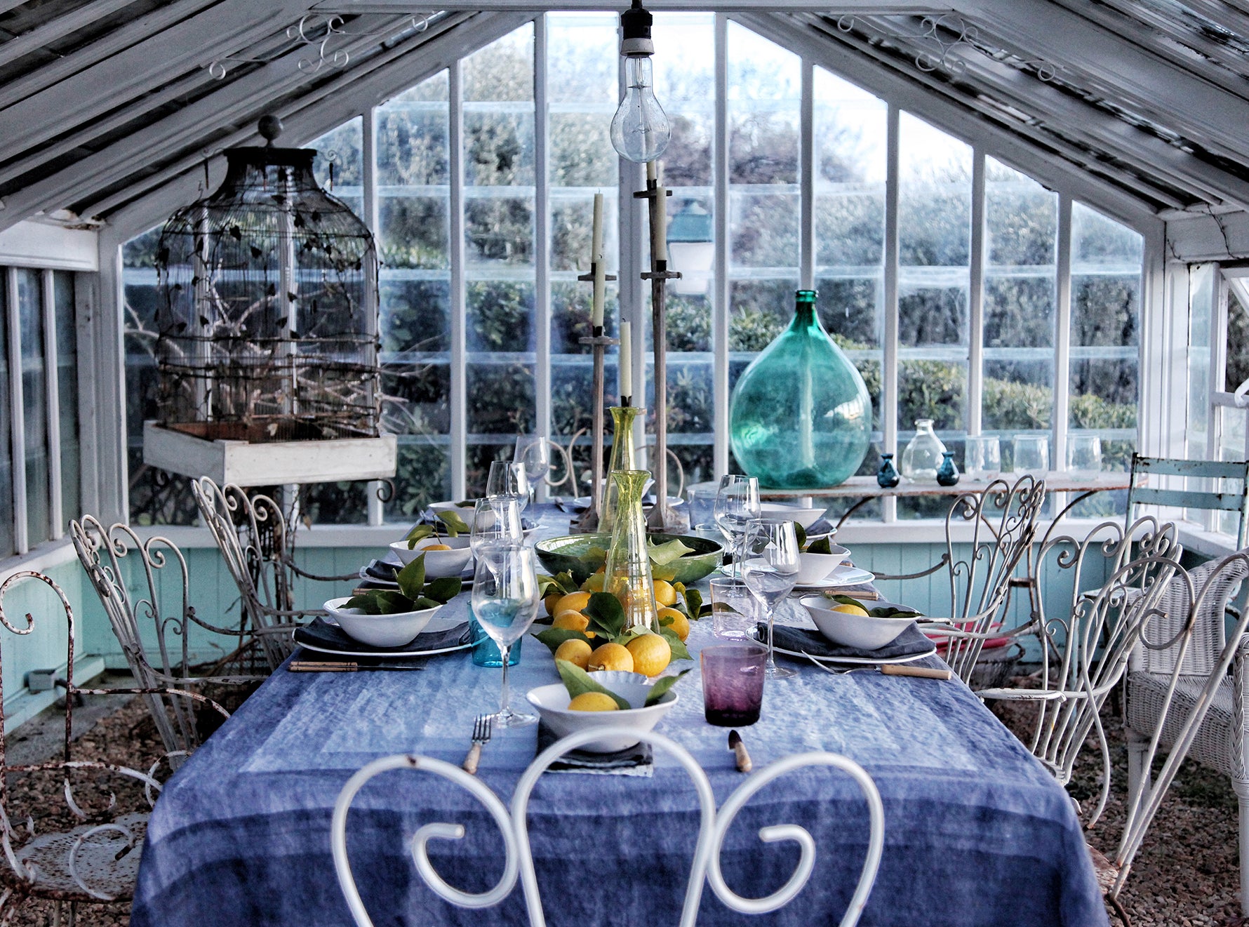 Shades Of Blue Striped Linen Tablecloth