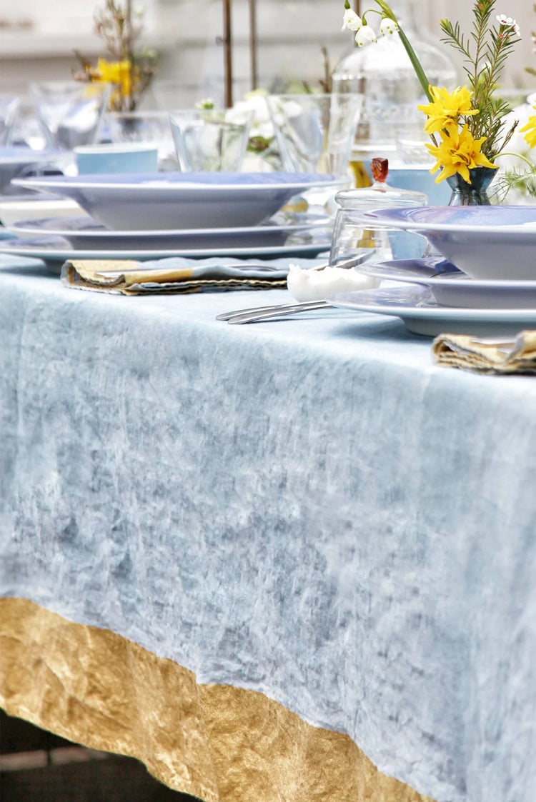 Gold Edge Linen Tablecloth in Pale Blue