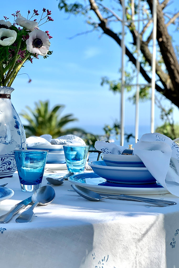 Bernadette's Falling Flower Square Linen Tablecloth in Light Blue, 200cm x 200cm