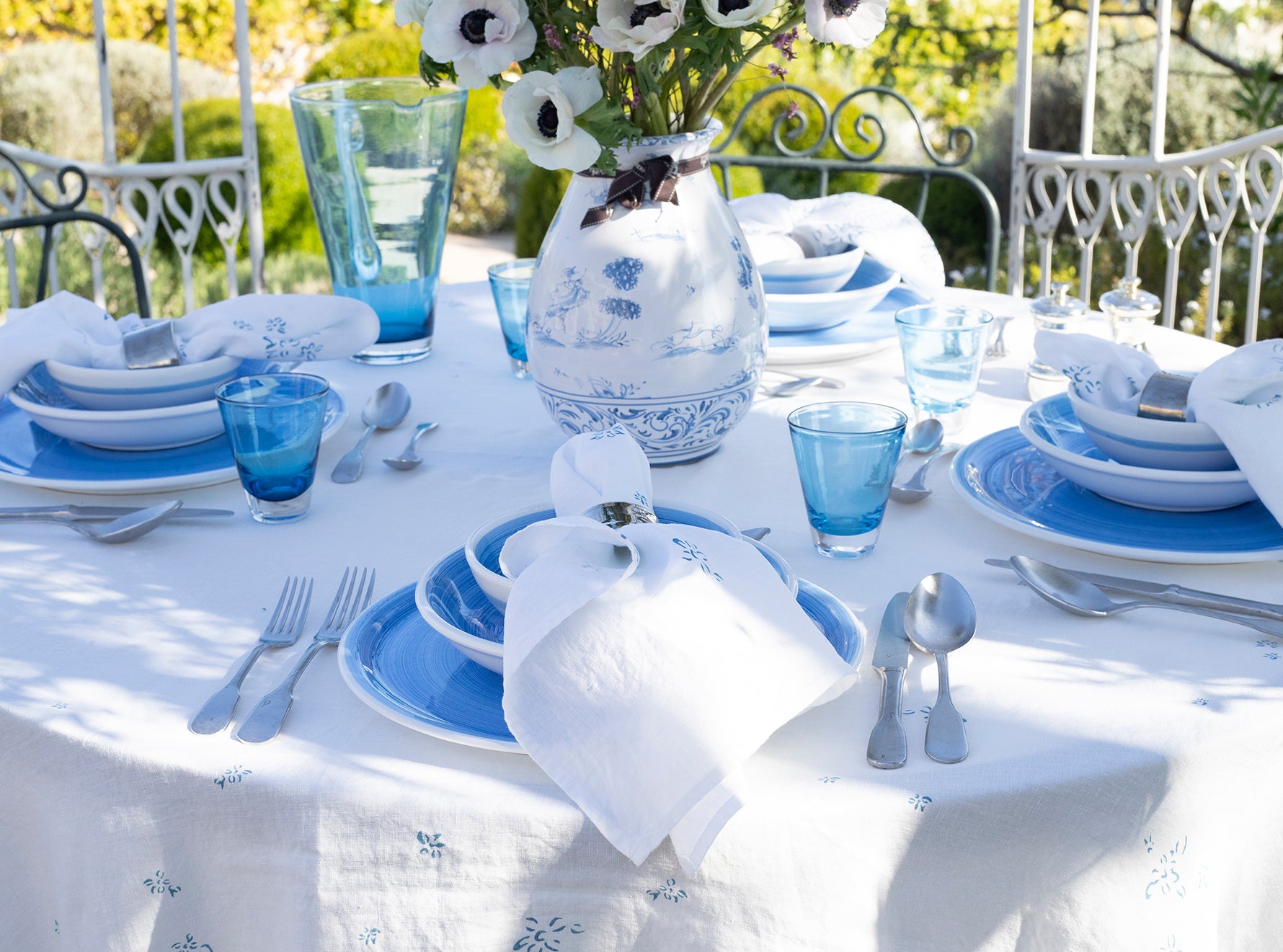 Bernadette's Falling Flower Square Linen Tablecloth in Light Blue, 200cm x 200cm