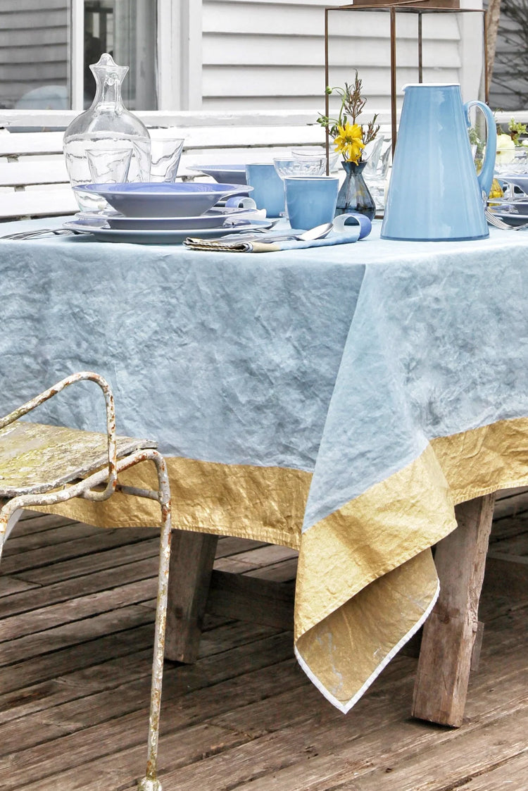 Gold Edge Linen Tablecloth in Pale Blue