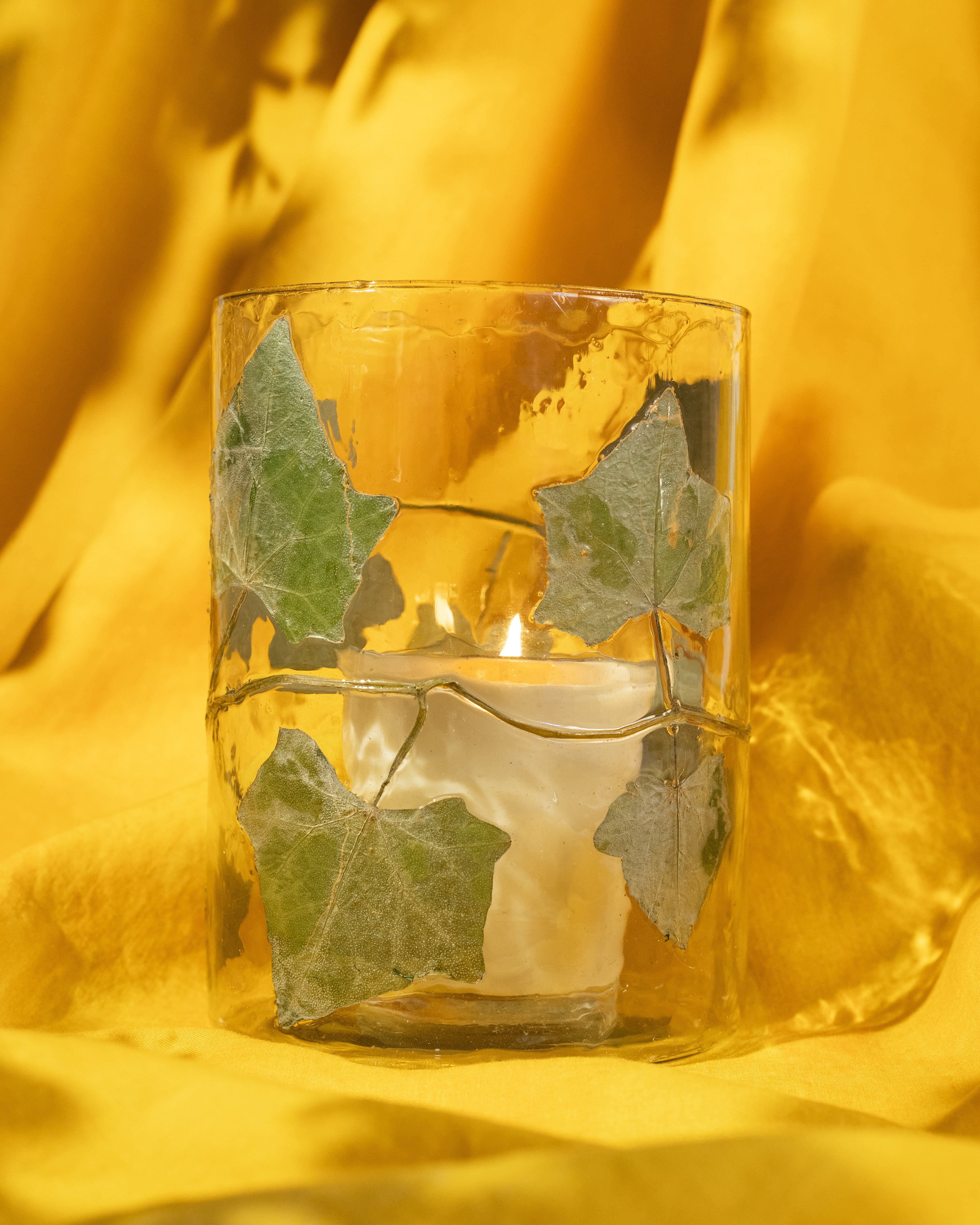 Glass Candle Holder with Ivy Leaf and Gold Rim, Small