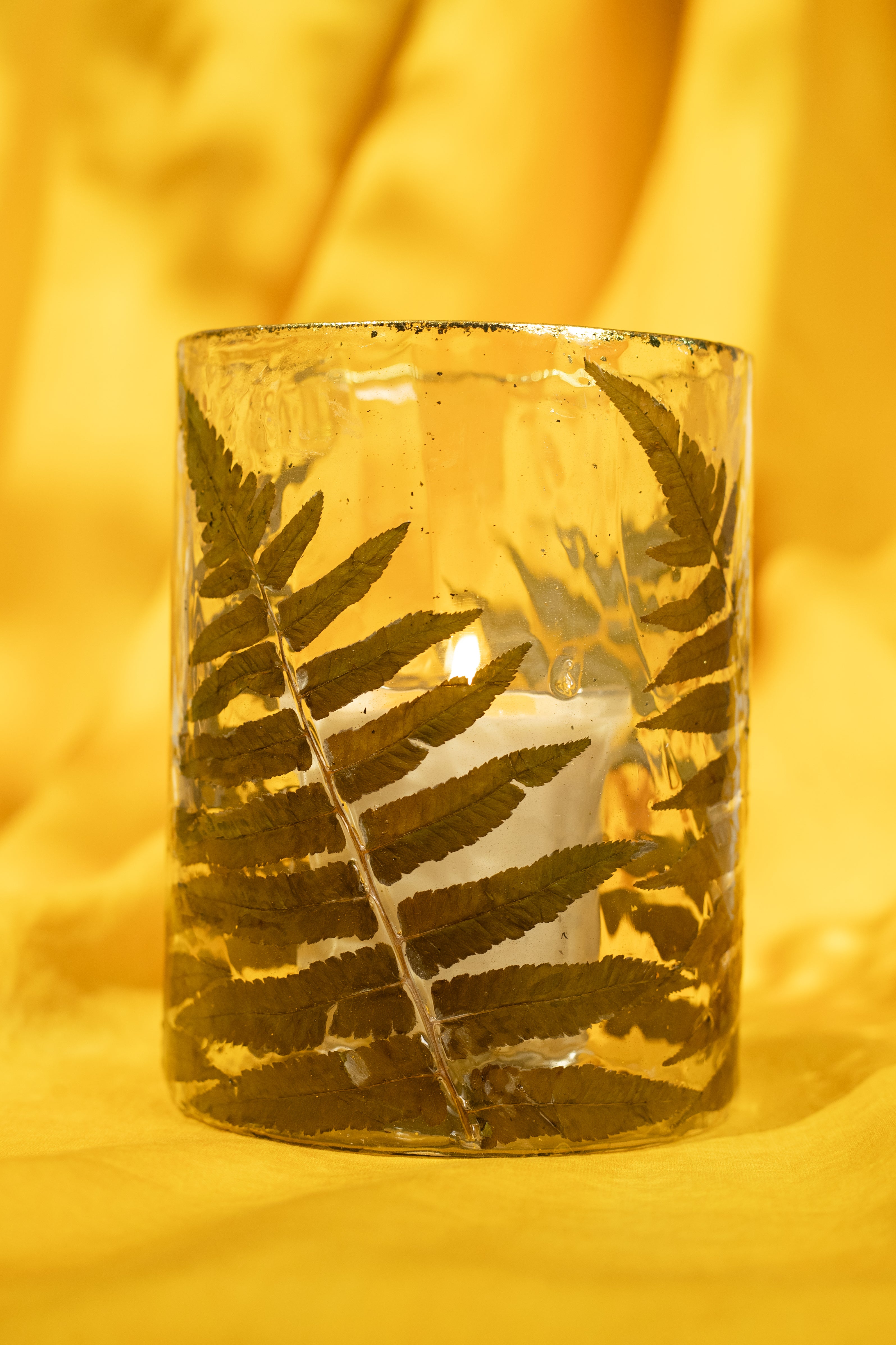 Glass Candle Holder with Fern Leaf and Gold Rim, Large