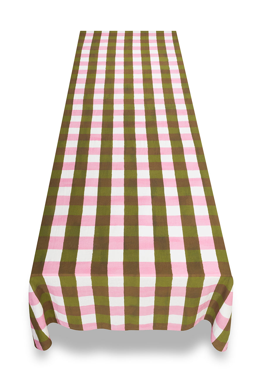 Gingham Linen Tablecloth in Rose Pink & Avocado Green