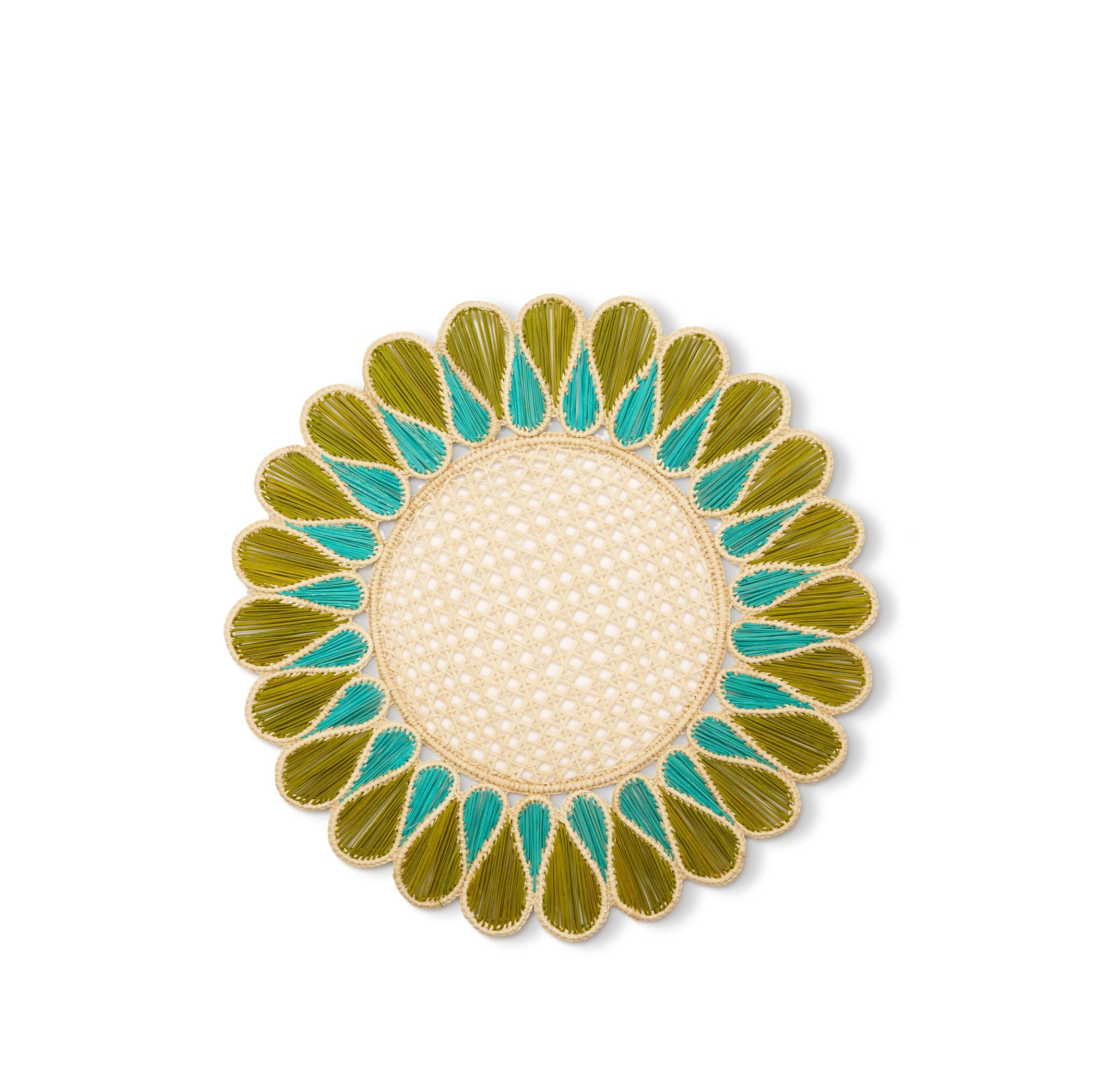 Drops Woven Straw Placemat in Olive Green & Aquamarine, 37cm