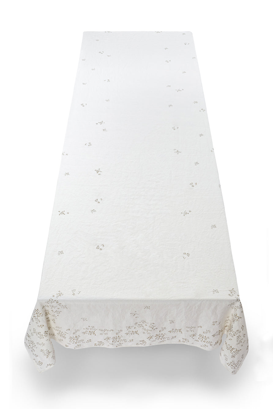 Bernadette's Hand Stamped Falling Flower Linen Tablecloth in Gold