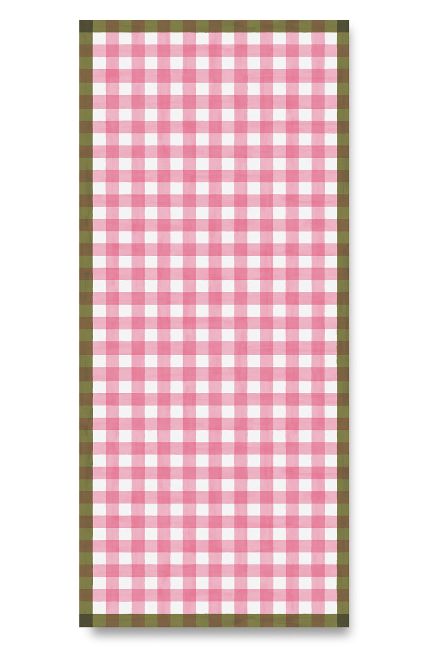 'Gingham' Linen Tablecloth in Rose Pink with Avocado Green Trim