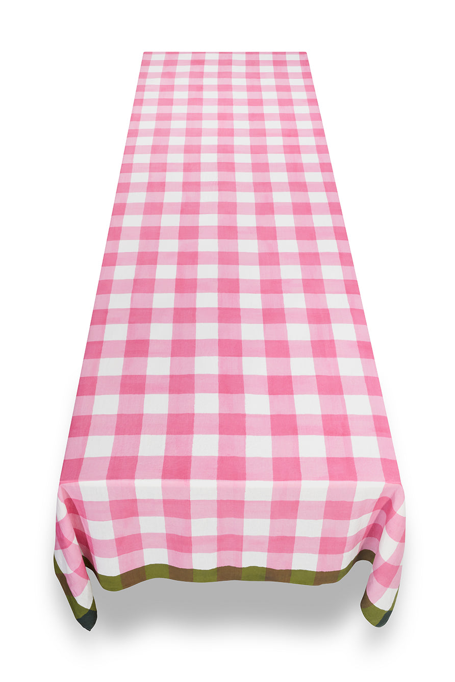 'Gingham' Linen Tablecloth in Rose Pink with Avocado Green Trim