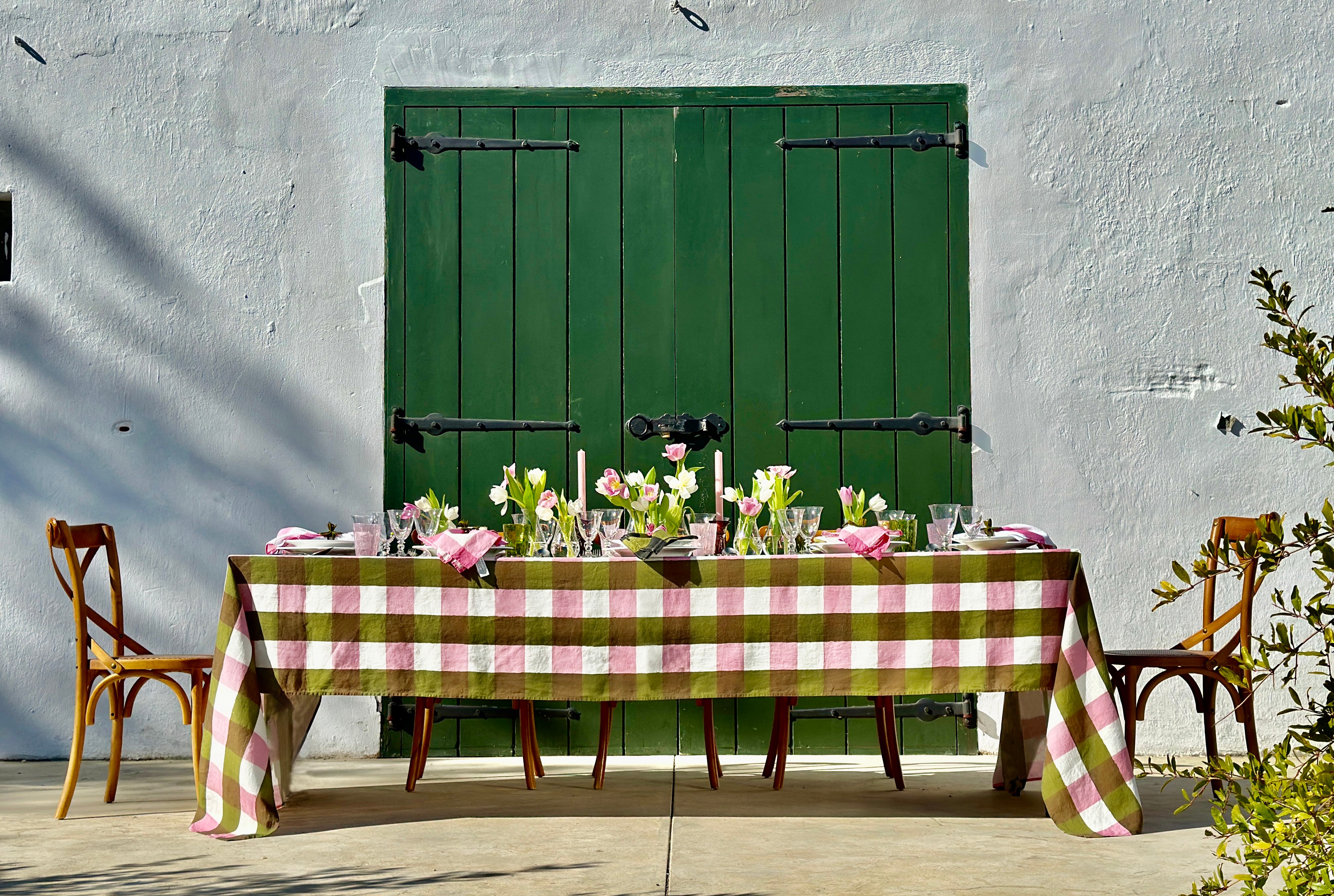 Gingham Linen Tablecloth in Rose Pink & Avocado Green