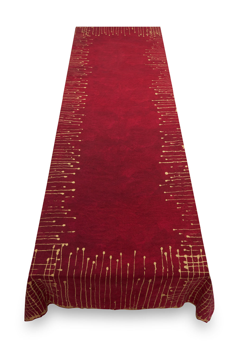 Ink Linen Tablecloth in Claret Red with Gold Drips