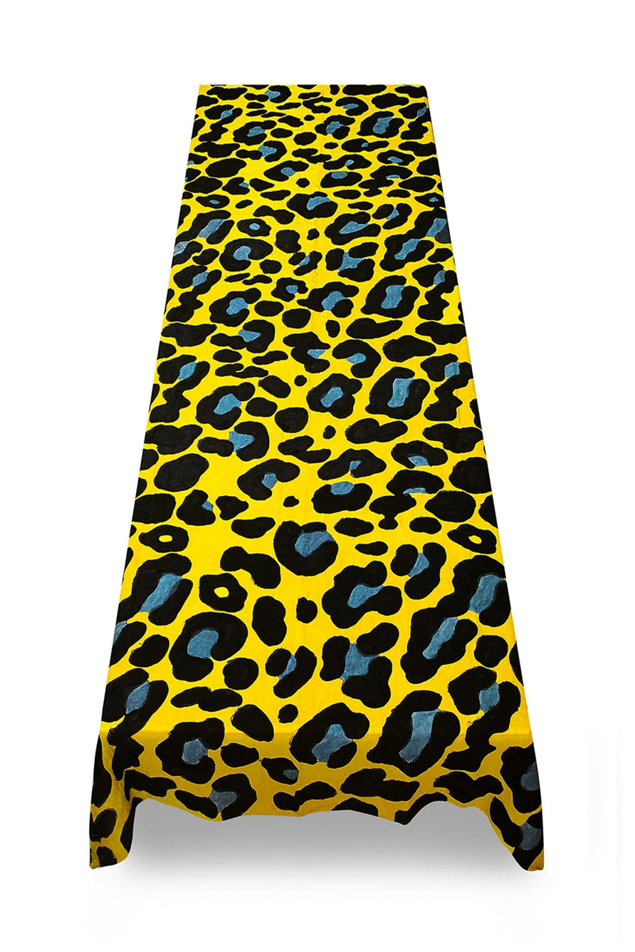 Fierce Leopard Linen Tablecloth in Lemon Yellow with Powder And Midnight Blue Spots