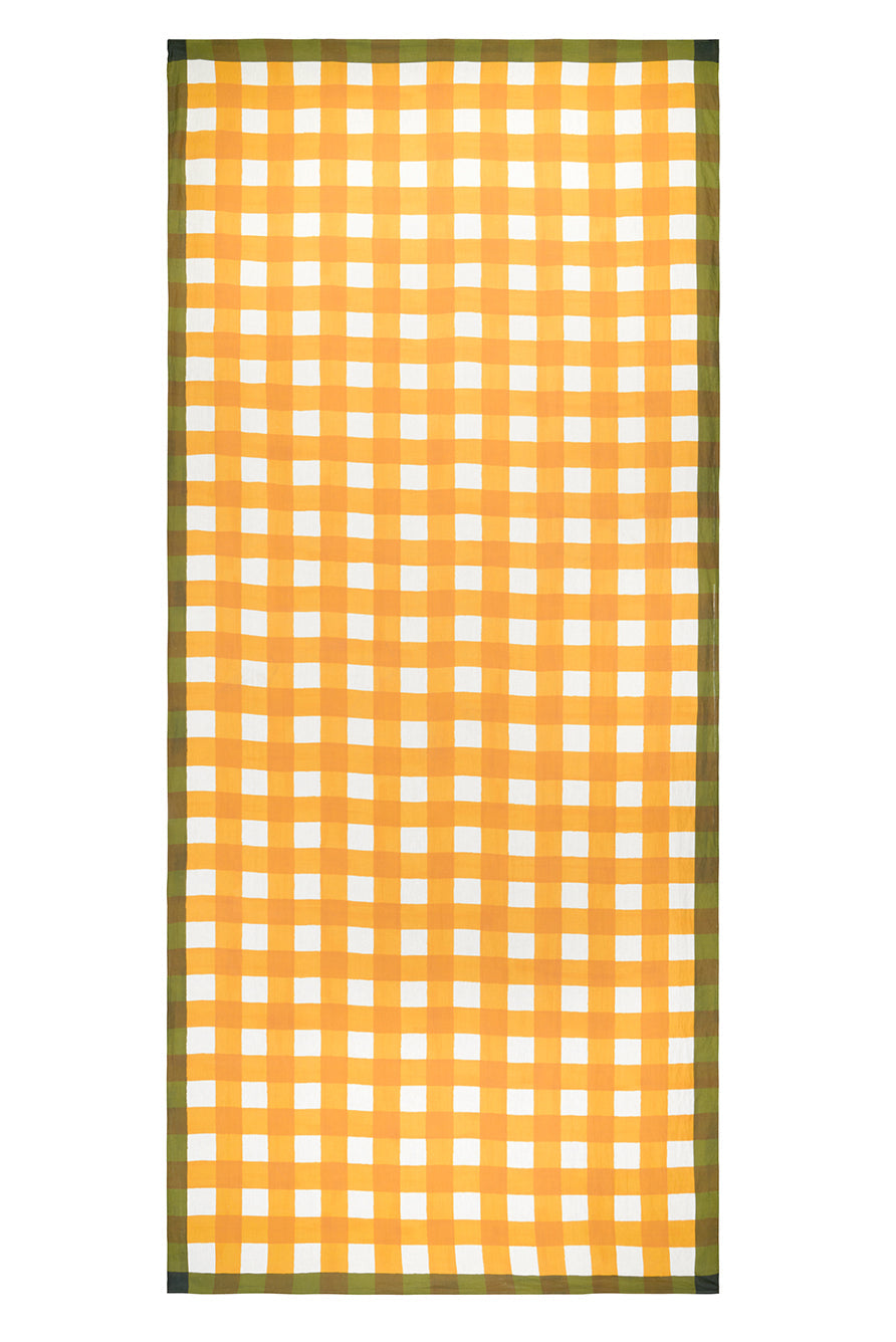 'Gingham' Linen Tablecloth in Mustard Yellow with Avocado Green Trim