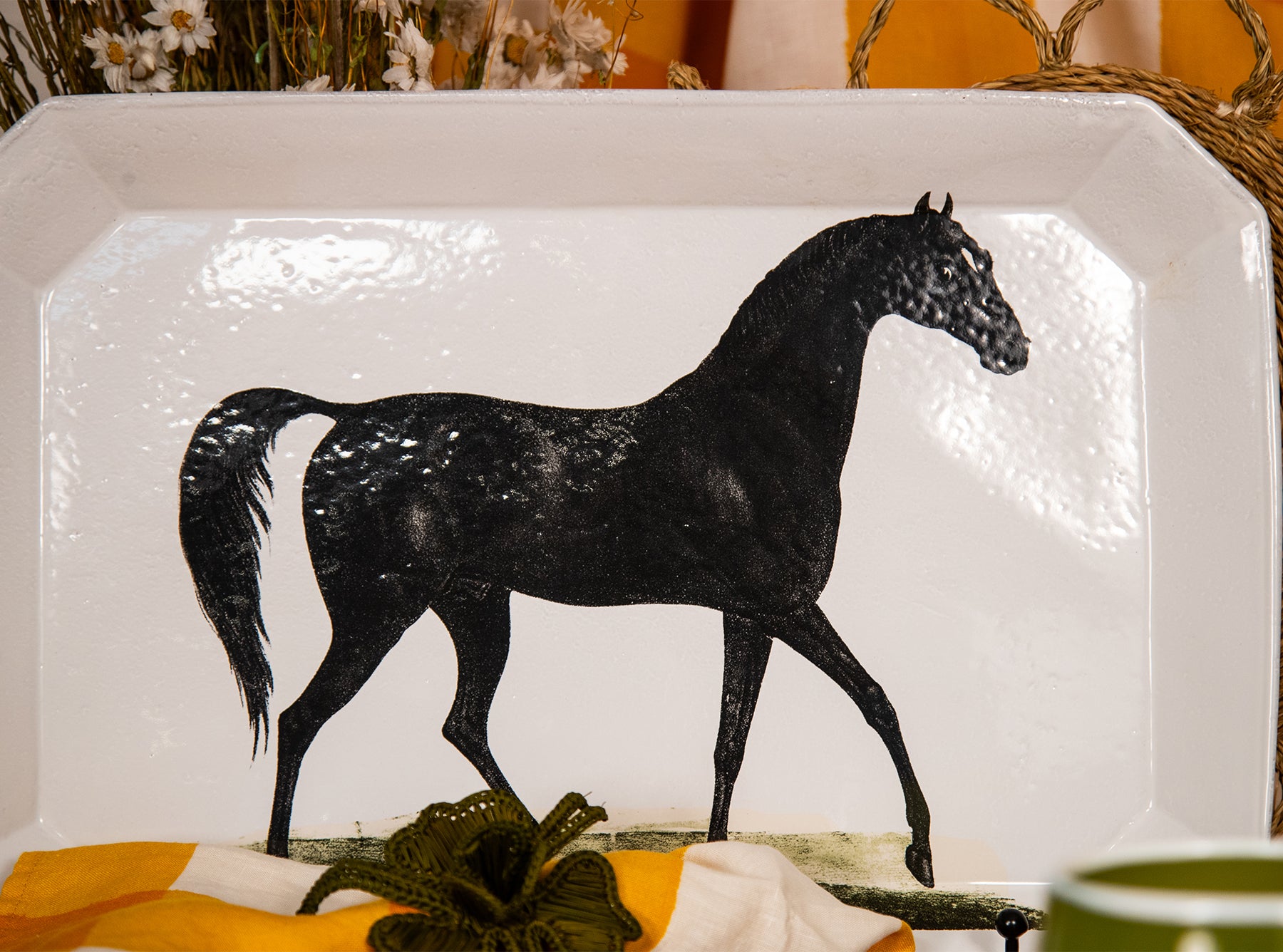 Ceramic Rectangular Black Horse Platter by Astier de Villatte, 43cm