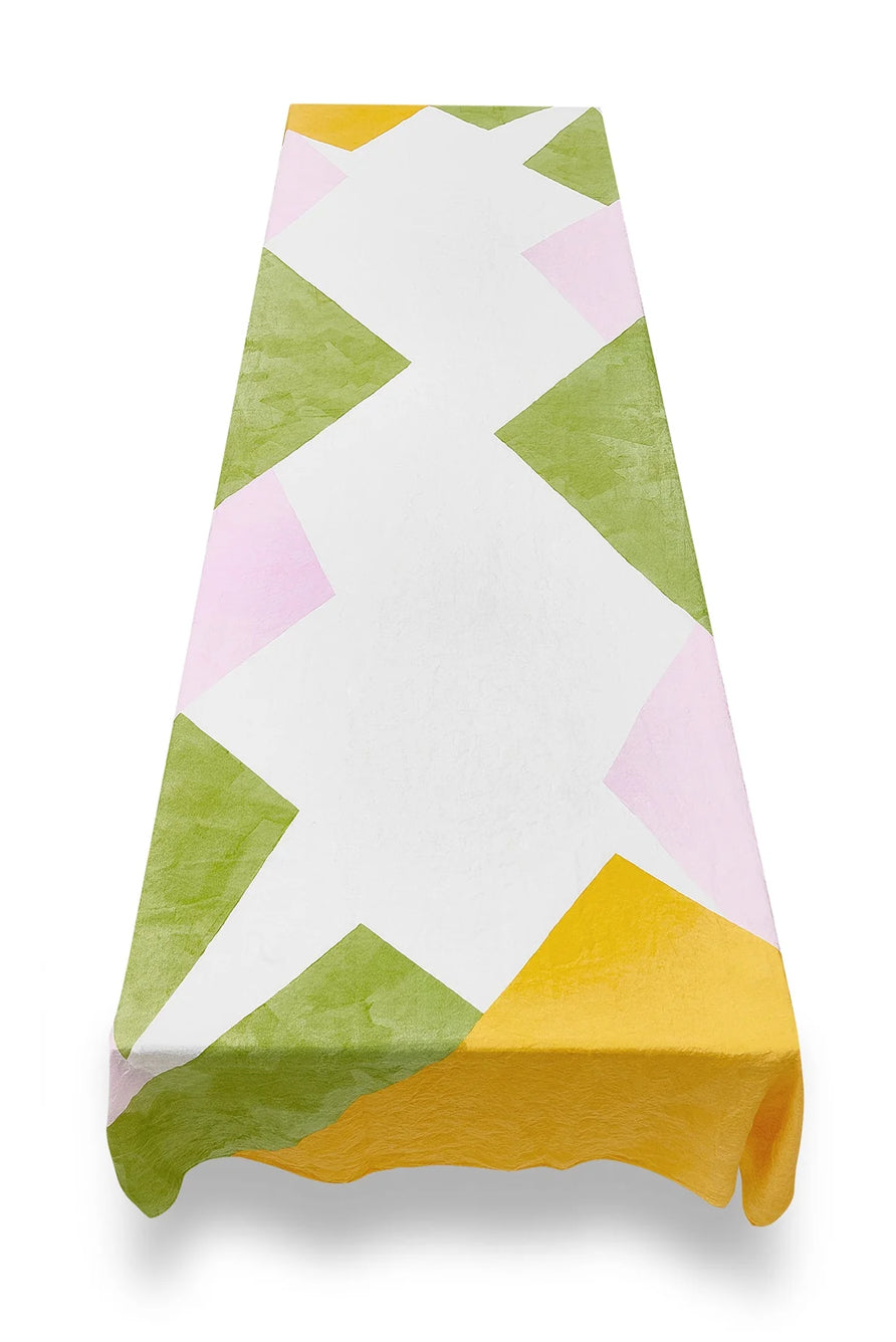 Cubism Linen Tablecloth in Pink, Green and Yellow