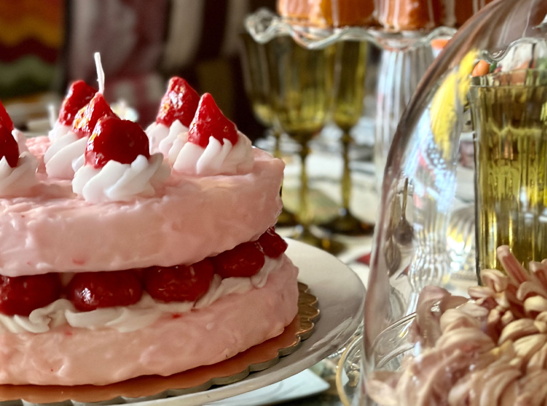 Two-Tier Pink Cake With Strawberries Decorative Candle, 20cm