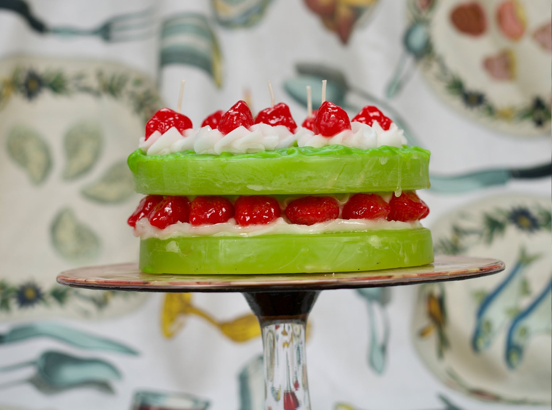 Two-Tier Green Cake With Strawberries Decorative Candle, 20cm