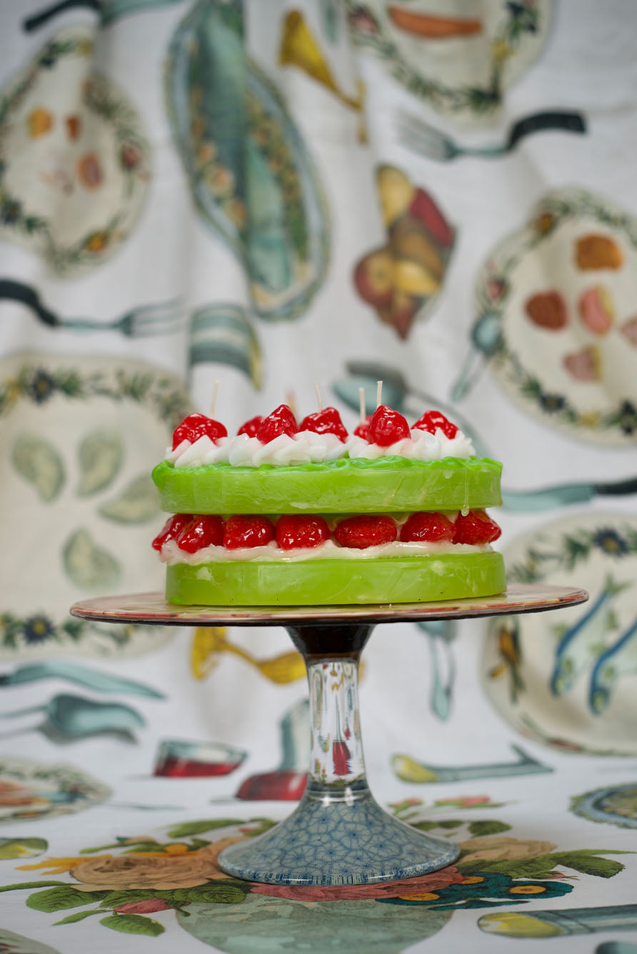 Two-Tier Green Cake With Strawberries Decorative Candle, 20cm