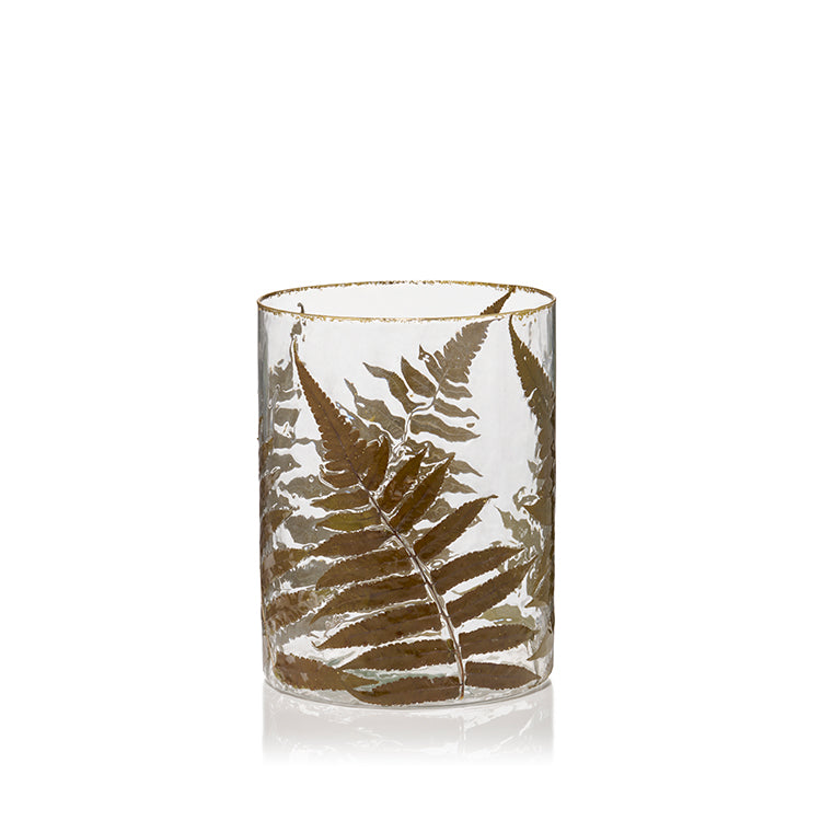 Glass Candle Holder with Fern Leaf and Gold Rim, Large