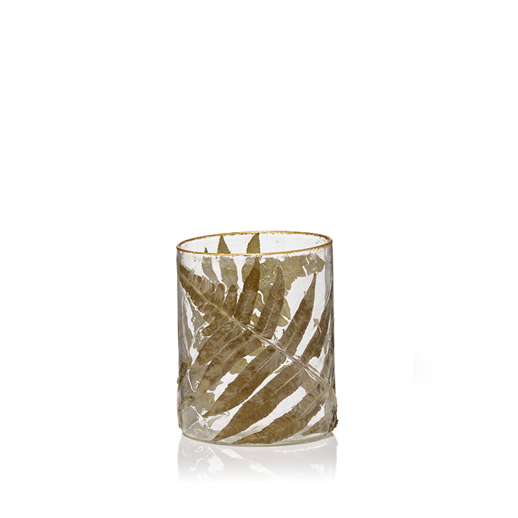 Glass Candle Holder with Fern Leaf and Gold Rim, Small