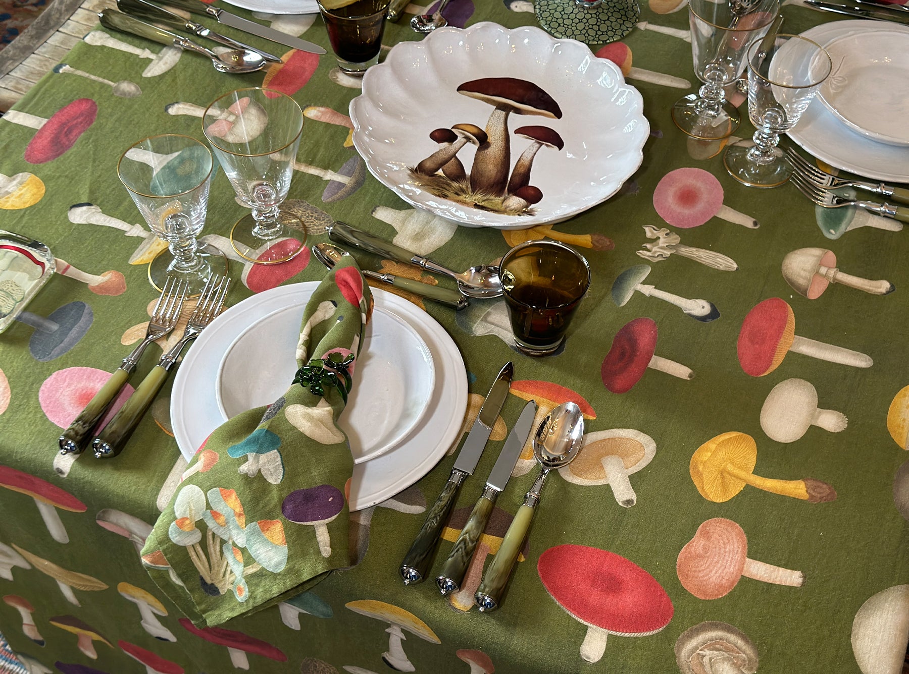 S&B x John Derian Green 'Fungi' Linen Tablecloth