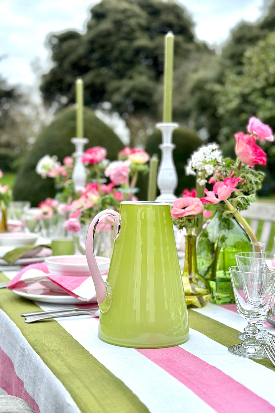 Stripe Linen Tablecloth in Rose Pink & Avocado Green