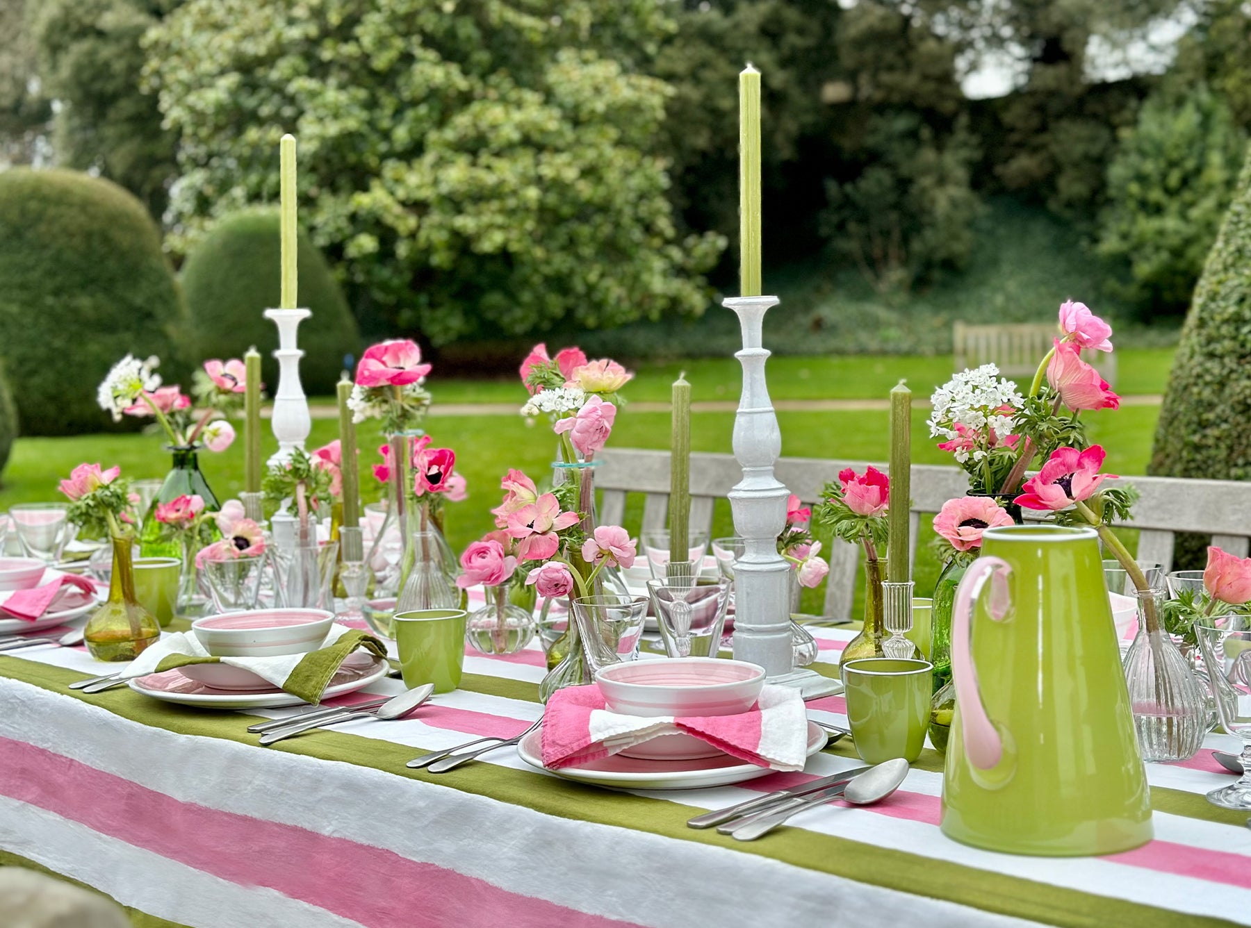 Stripe Linen Tablecloth in Rose Pink & Avocado Green