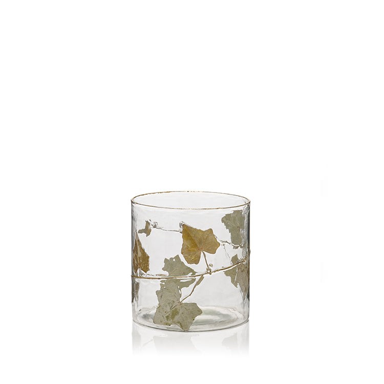 Glass Candle Holder with Ivy Leaf and Gold Rim, Medium