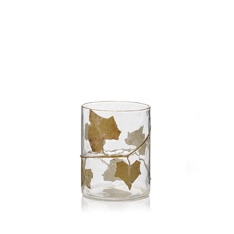 Glass Candle Holder with Ivy Leaf and Gold Rim, Small