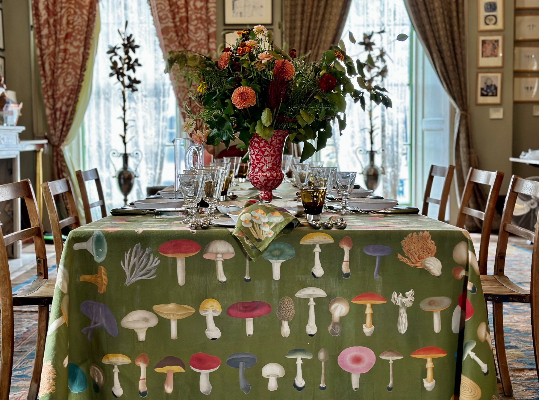 S&B x John Derian Green 'Fungi' Linen Tablecloth